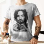 Charles Manson mugshot shows love T-shirt. Frong Woot