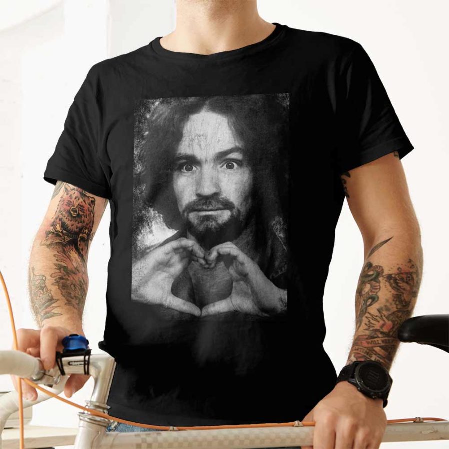 Charles Manson mugshot shows love T-shirt.