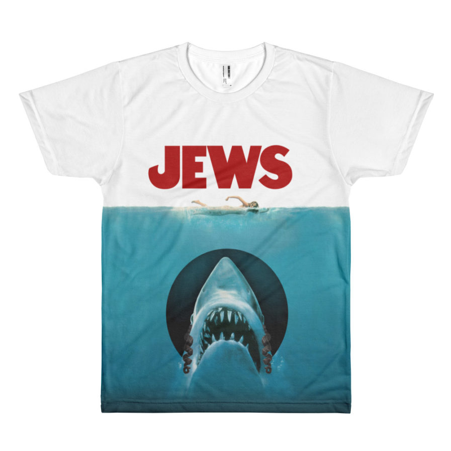 JEWS tee, JAWS movie parody. All-over print. Unisex. Frong Woot