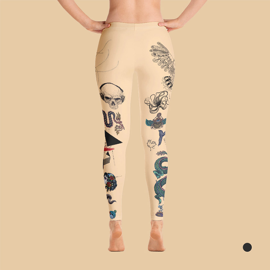 Woman's tattooed leggings in skin color. Back view