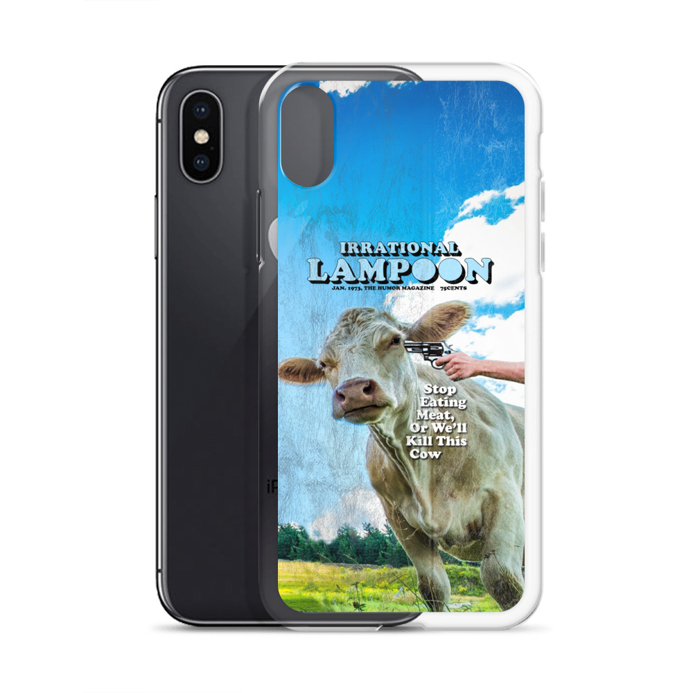 Irrational Lampoon iPhone Case, Stop Eating Meat, or We'll Kill This Cow. Frong Woot