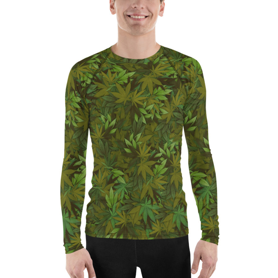 Cannabis - weed leaf camouflage rash guard for man, front view. Frong Woot