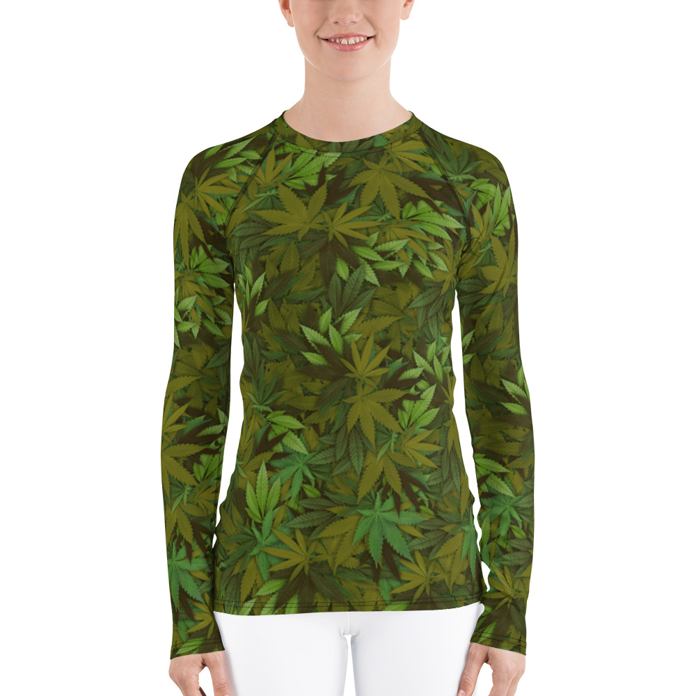 Cannabis - weed leaf camouflage rash guard for woman, front view. Frong Woot