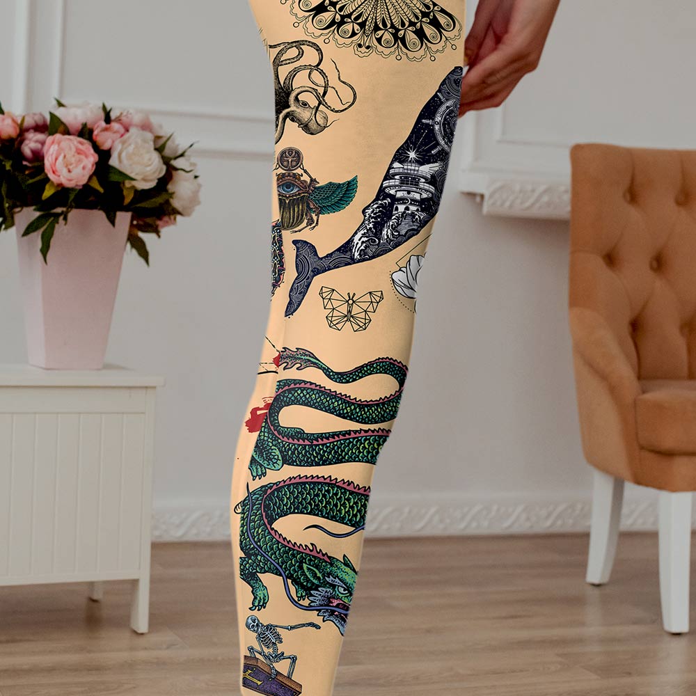 Woman's tattooed leggings in skin color.